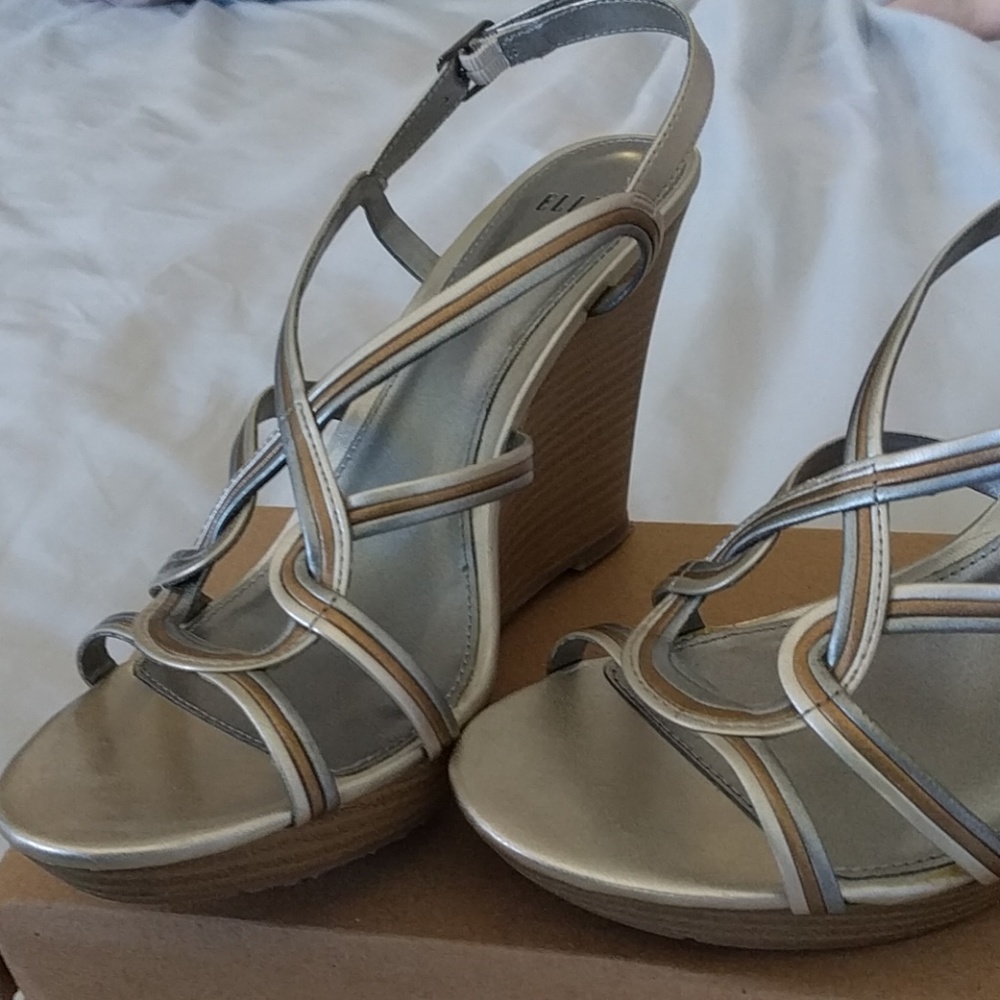 Strappy metallic wedges, pewter, silver, bronze